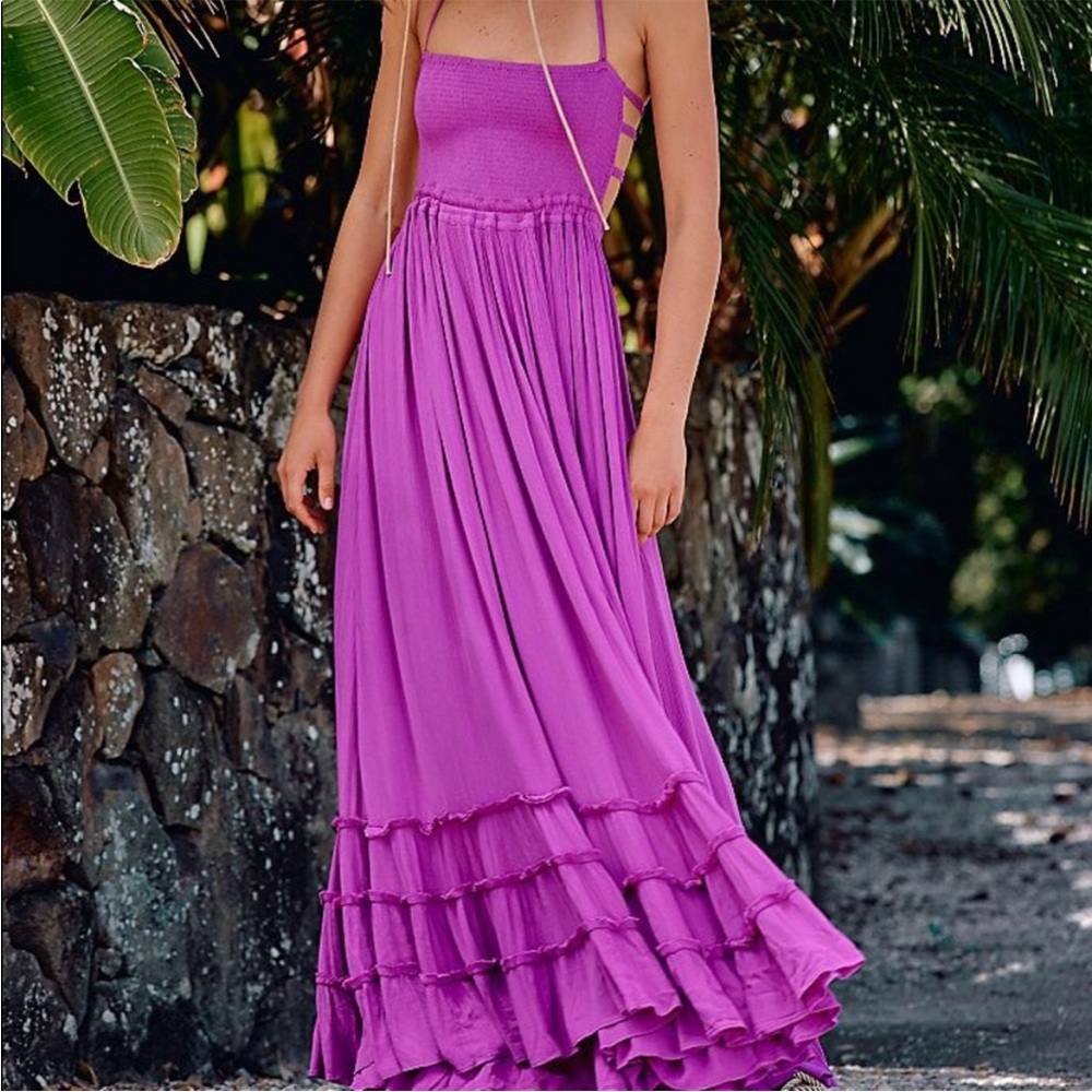 Free People Extratropical Open Back Tiered Romantic  Ruffle Maxi Dress